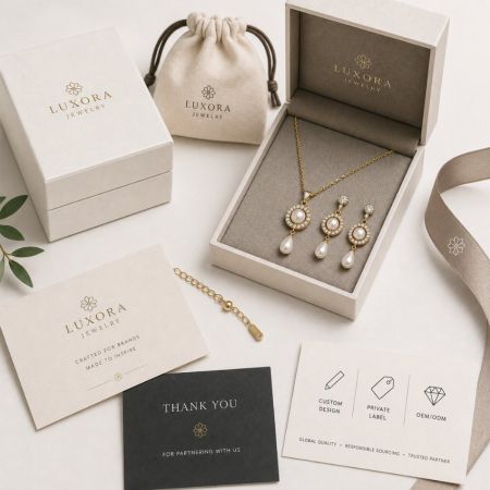 Elegante parelketting en oorbelset in private label doos voor boutique sieraden groothandel.