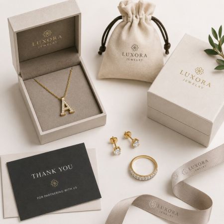 Op maat gemaakte gouden initiaal letter ketting en ring met merkverpakking voor B2B sieradenproductie.