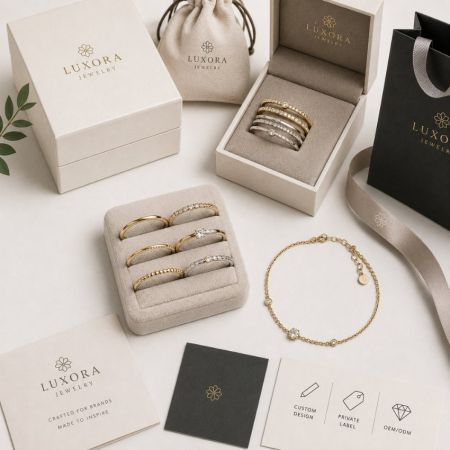 Premium stapelbare ringen en delicate kettingarmband met op maat gemaakte private label displayverpakking.