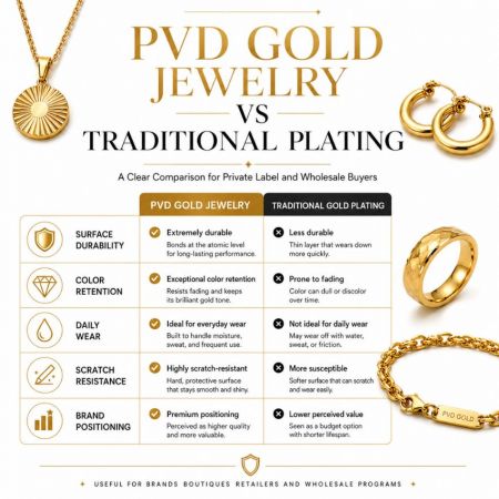 Vergelijkingstabel van PVD-gouden sieraden versus traditionele plating met nadruk op duurzaamheid en krasbestendigheid voor B2B-kopers.