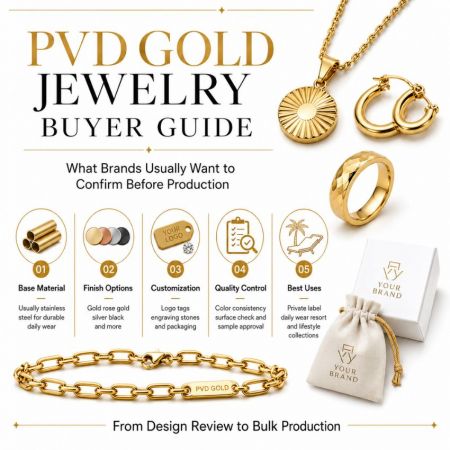 Kopersgids voor PVD-gouden sieraden die materiaalkeuze, aangepaste branding en kwaliteitscontrole stappen illustreert.