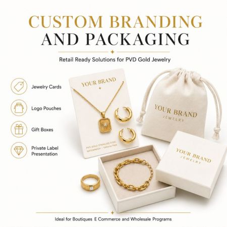Aangepaste branding opties inclusief gegraveerde kaarten, logo zakjes en geschenkdozen voor private label PVD-gouden sieraden.
