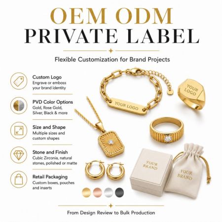 OEM en ODM aanpassingsdiensten voor PVD-gouden sieraden inclusief logo's, maatopties en afwerkingen.