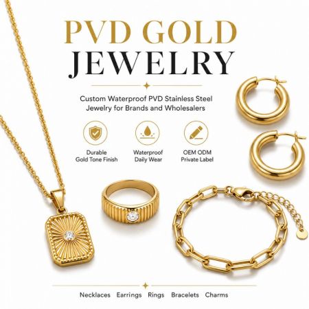 Aangepaste waterdichte PVD-goudgeplateerde roestvrijstalen sieradencollectie inclusief kettingen, ringen en armbanden.