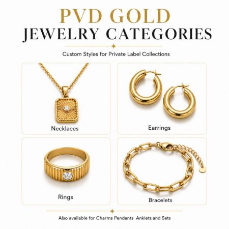 Productcategorieën van PVD-gouden sieraden met aangepaste kettingen, creolen, ringen en schakelarmbanden.