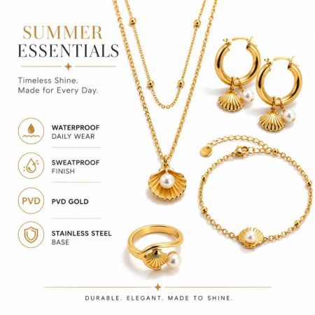 Roestvrijstalen PVD gouden schelp hanger ketting en bijpassende accessoires met zweetbestendige afwerking.