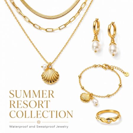 Zomerresort gouden juwelen collectie met waterdichte schelp kettingen, parel oorbellen en ringen.