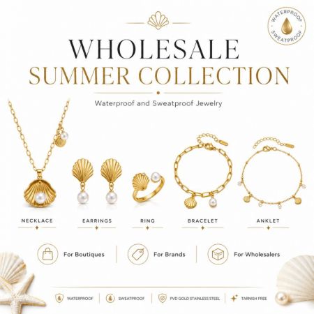 Groothandel zomercollectie van vlekvrije PVD gouden roestvrijstalen juwelen voor merken en boetieks.