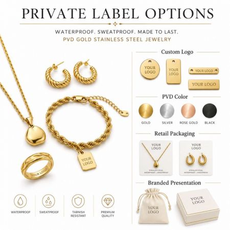 Private label opties voor waterdichte PVD gouden juwelen met aangepaste logo gravure, kleurafwerkingen en verpakking.