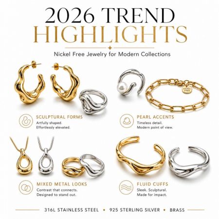Trendanalyse 2026 voor nikkelvrije sieraden in 316L roestvrij staal, 925 sterling zilver en messing.