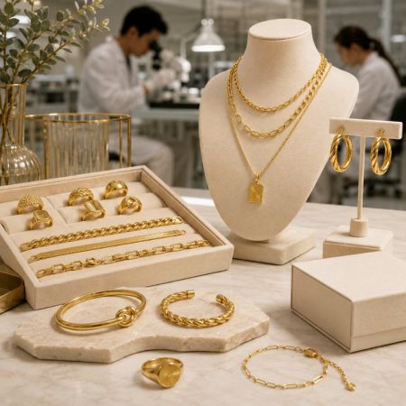 مجموعة مجوهرات مطلية بالذهب PVD مخصصة في صالة عرض، مثالية لتوريد إكسسوارات الموضة من الفولاذ المقاوم للصدأ.