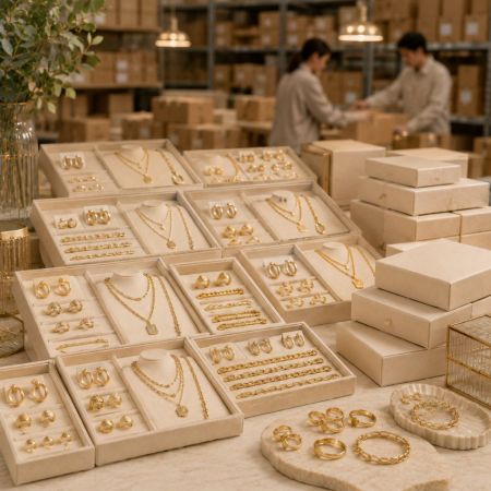 مجموعة مجوهرات مطلية بالذهب PVD بكميات كبيرة في صناديق عرض، مثالية للموزعين بالجملة وتصنيع العلامات التجارية المخصصة.