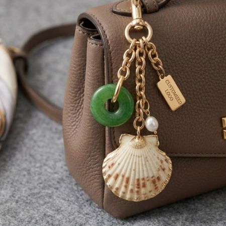 Individualisierter Logo-Goldanhänger und Muschel-Anhänger als elegantes Accessoire an einer luxuriösen braunen Lederhandtasche angebracht.
