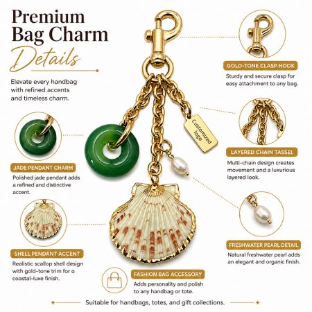 Detaillierte Aufschlüsselung der Komponenten des hochwertigen Taschenanhängers, einschließlich goldener Verschluss-Haken, geschichteter Kette, Jade und Muschel-Anhänger.