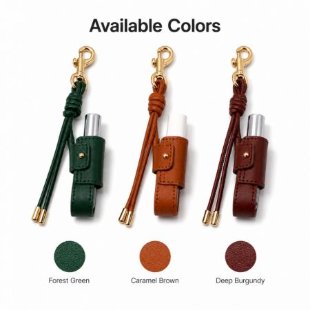 Custom PU leather lip balm holder keychains in Forest Green, Caramel Brown, and Deep Burgundy color options.