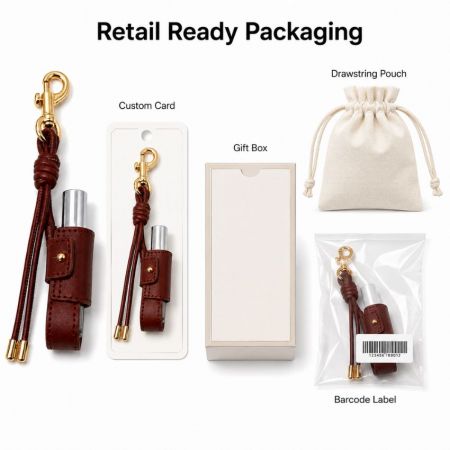 Retail-ready packaging solutions including custom cards, gift boxes, drawstring pouches, and barcode labels for keychains.