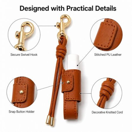 Detailed view of PU leather lip balm holder keychains featuring secure swivel hooks, snap buttons, and knotted cords.