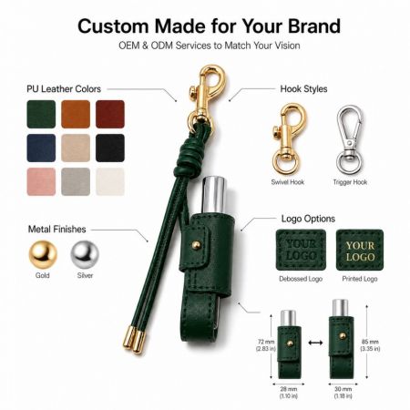 Customization options for leather lip balm holders including material colors, metal hooks, dimensions, and logo printing.