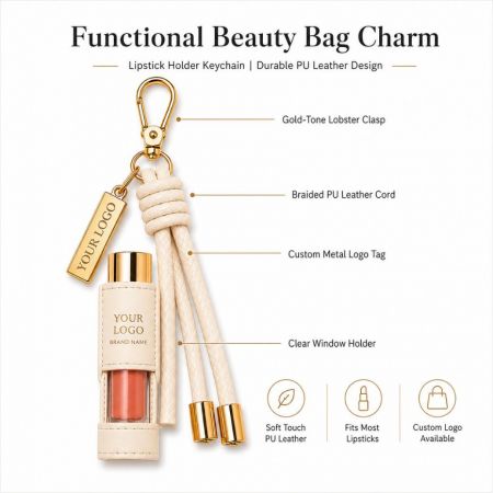Cream PU leather lipstick holder keychain diagram highlighting metal lobster clasp, braided cord, and custom logo tag.