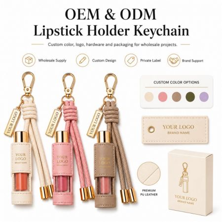 OEM and ODM custom PU leather lipstick holder keychains with branded packaging and custom color swatches for wholesale.