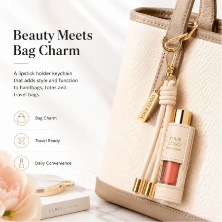 Cream PU leather lipstick holder keychain attached as a functional beauty bag charm on a stylish women tote bag.