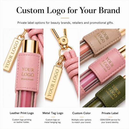 Custom private label options showing printed leather logo and engraved metal tag on lipstick holder keychains.