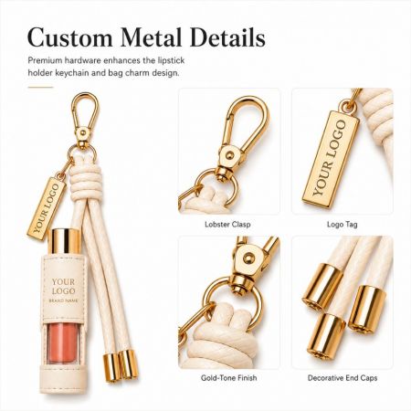 Close-up of premium gold-tone metal details including lobster clasp, custom logo tag, and decorative end caps.