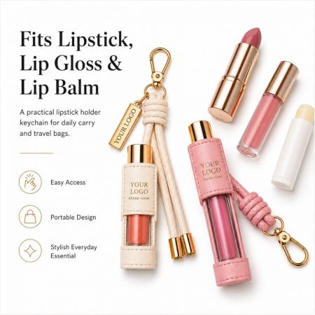 Versatile PU leather lipstick holder keychain designed to fit standard lipsticks, lip glosses, and lip balms.