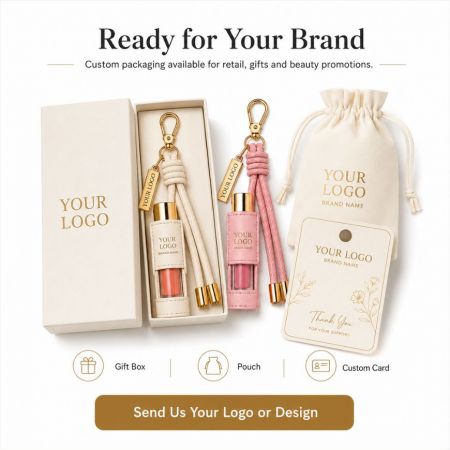 Custom branded packaging options for lipstick holder keychains including gift boxes, pouches, and backing cards.