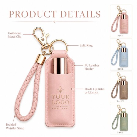 Product diagram of custom leather lip balm holder keychain showing metal clip, split ring, and braided wristlet strap.