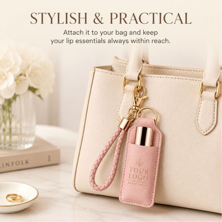 Pink PU leather lip balm holder keychain attached to a luxury handbag as a stylish cosmetic accessory.
