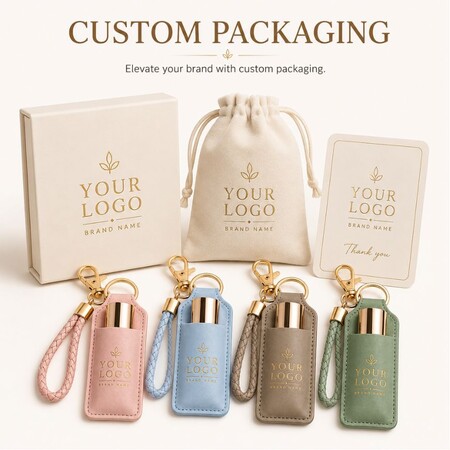 Custom branded packaging options including rigid gift boxes, pouch bags, and cards for lip balm holder keychains.
