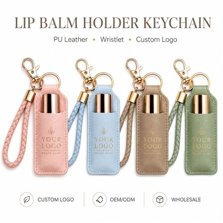 Custom PU leather lip balm holder keychains in multiple colors, ideal for OEM wholesale and promotional branding.