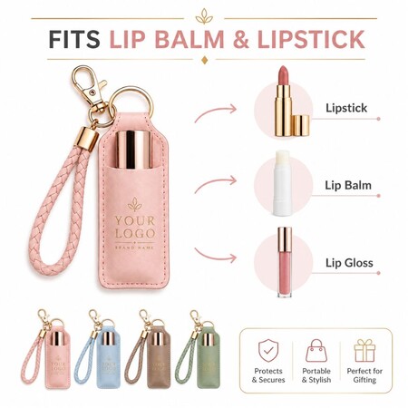 Pink leather lip balm holder keychain demonstrating compatibility with lipstick, lip balm, and lip gloss products.
