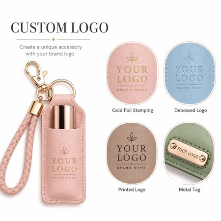 Custom logo options for leather lip balm keychains including gold foil stamping, debossing, printing, and metal tags.