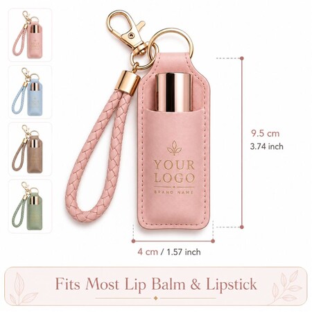 Custom Lip Balm Holder Keychain PU Leather Wristlet - Custom leather lip balm holder keychain with dimensions, ideal bulk promotional gifts for cosmetics and beauty brands.