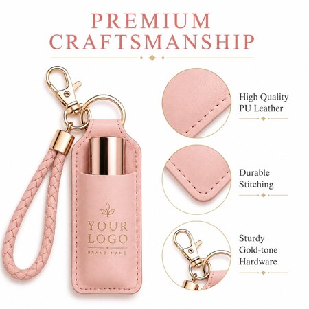 Detailed view highlighting high-quality PU leather, durable stitching, and gold-tone hardware of lip balm keychains.