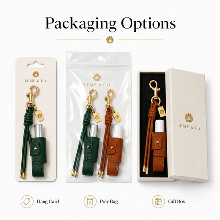 Custom packaging options for leather lip balm holder keychains including hang cards, poly bags, and luxury gift boxes.