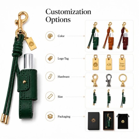 Customization options for leather lip balm holders including colors, custom logo metal tags, hardware, and packaging.