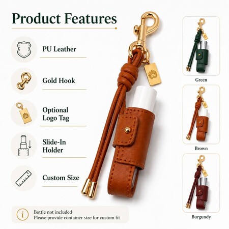 Infographic detailing PU leather lip balm holder features including gold hook, slide-in design, and logo tag.