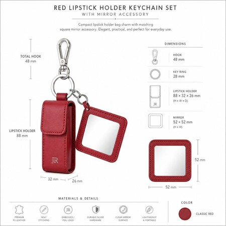 Red PU leather lipstick holder keychain set with square mirror dimensions for promotional giveaways.