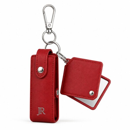 Red leather lipstick case keychain with attached rotating square mirror charm for custom wholesale.