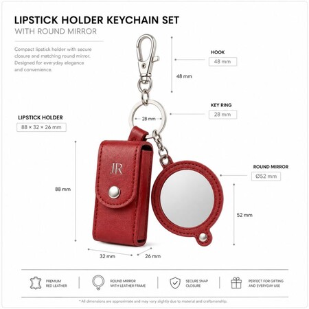 Red leather lipstick holder keychain set specification with round mirror charm for bulk orders.