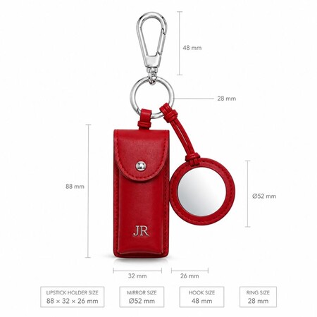 Custom Lipstick Pouch with Mirror PU Leather Keychain - Red leather lipstick pouch keychain with mirror dimensions, ideal custom promotional giveaway for cosmetics brands.