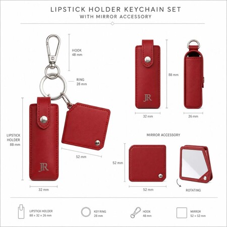 Red leather lipstick pouch keychain set with rotating square mirror size diagram for OEM supply.