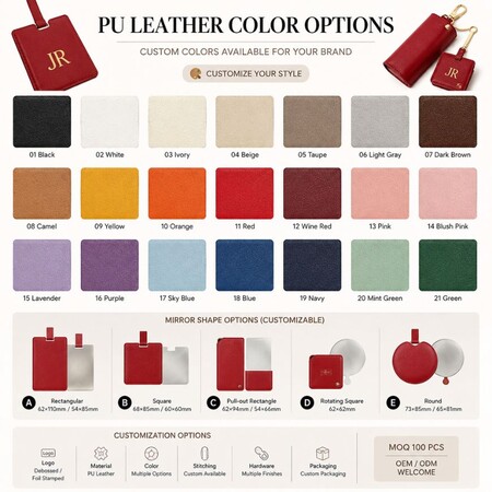 Custom PU leather color chart and mirror shape options for OEM lipstick holder keychain manufacturing.