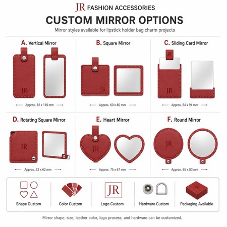 Custom mirror shape and style options for B2B leather lipstick pouch keychain production.