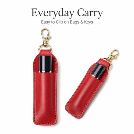 Custom Lipstick Pouch Keychain PU Leather Lipstick Holder - Red leather lipstick pouch keychain with gold clip, designed for daily carry and B2B promotional cosmetic accessories.