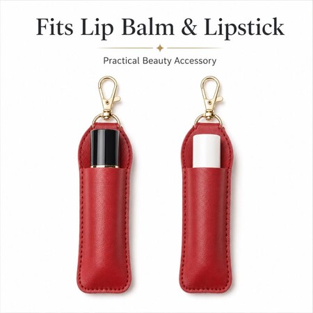 Red leather lipstick pouch keychain set holding lip balm and lipstick, suitable for wholesale beauty giveaways.