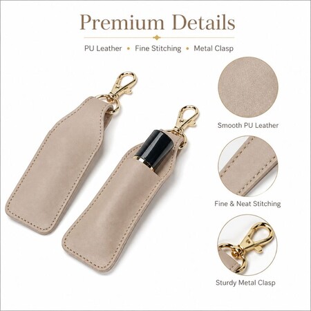 Detailed view of taupe PU leather lipstick keychain showing fine stitching, smooth leather, and gold clasp hardware.